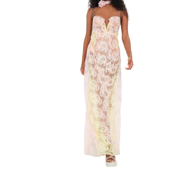 For Love And Lemons Dresses & Skirts - For Love and Lemons Blossom Sheer Floral Maxi Dress Yellow Size Medium NWT